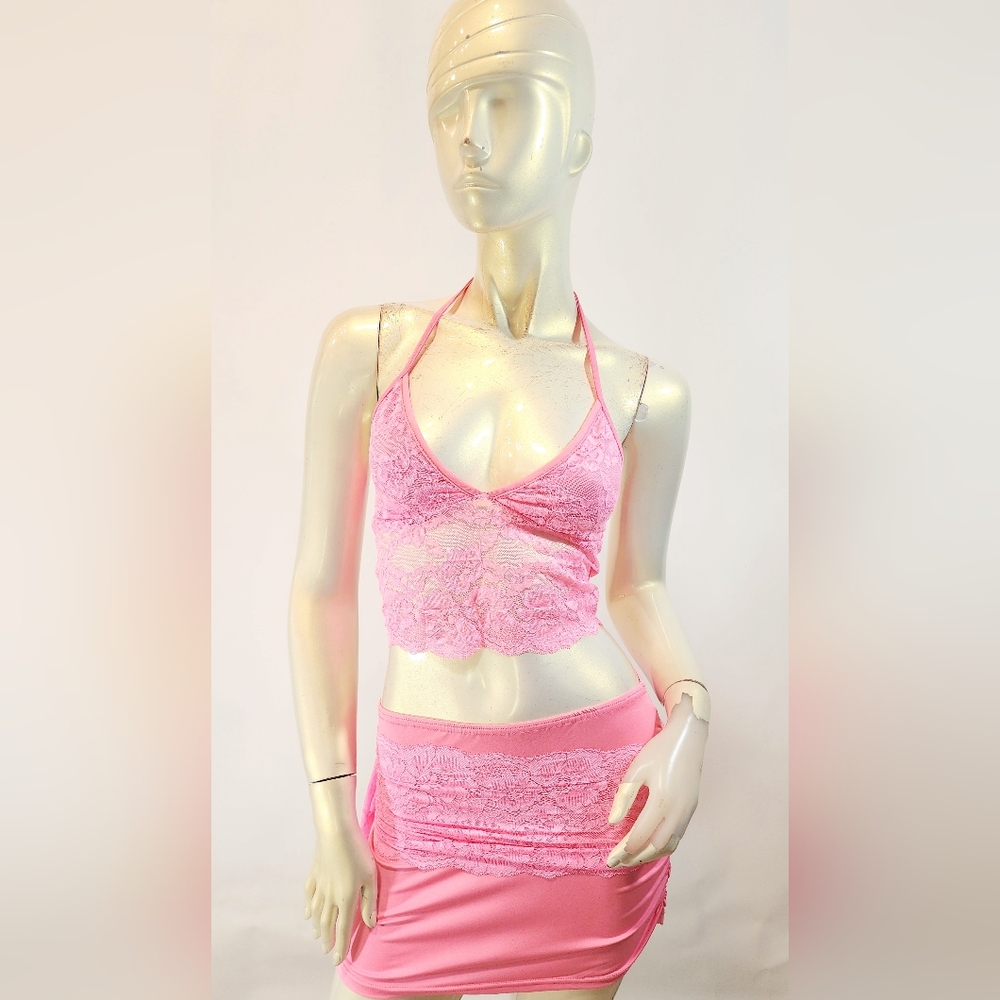 Pink Lace Halter Bralette and Panty Set
